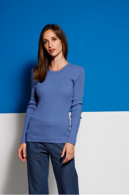 Long-sleeved t-shirt in ribbed Richelieu knit 100% cotton