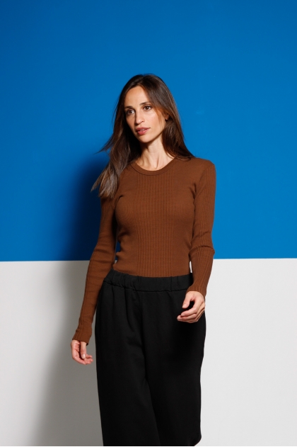 Long-sleeved t-shirt in ribbed Richelieu knit 100% cotton
