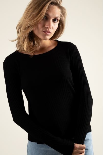 Tee-shirt manches longues maille Richelieu côtelée 85 % viscose et 15 % soie