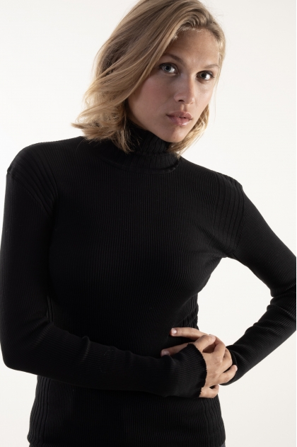 Pull col roulé en maille Richelieu côtelée 100% Coton