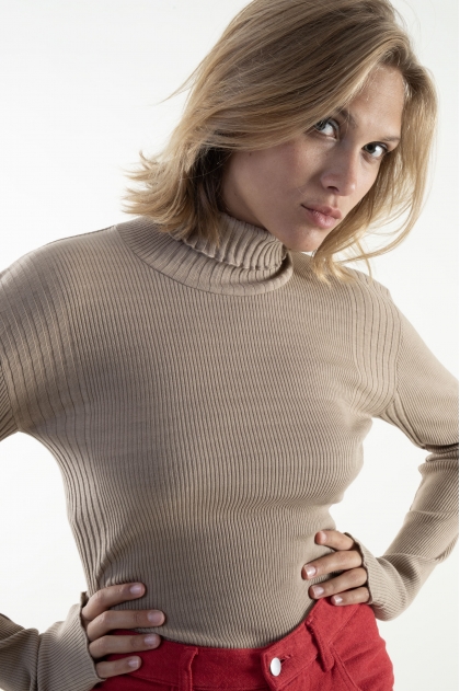 Pull col roulé en maille Richelieu côtelée 100% Coton