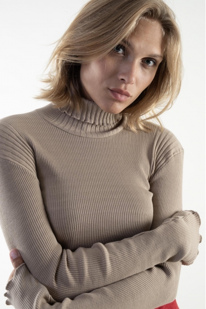 Pull col roulé en maille Richelieu côtelée 100% Coton