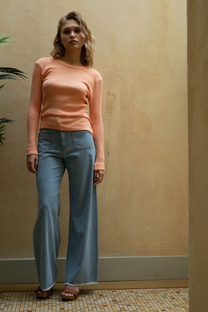 Tee shirt manches longues en maille Richelieu côtelée 100% coton