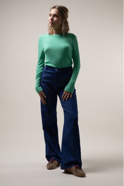 Tee-shirt manches longues en maille Richelieu côtelée 85 % viscose et 15 % soie