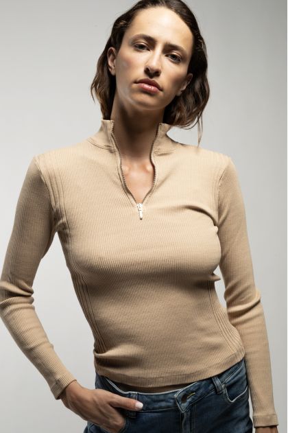Long-sleeved t-shirt in ribbed Richelieu knit, 100% cotton