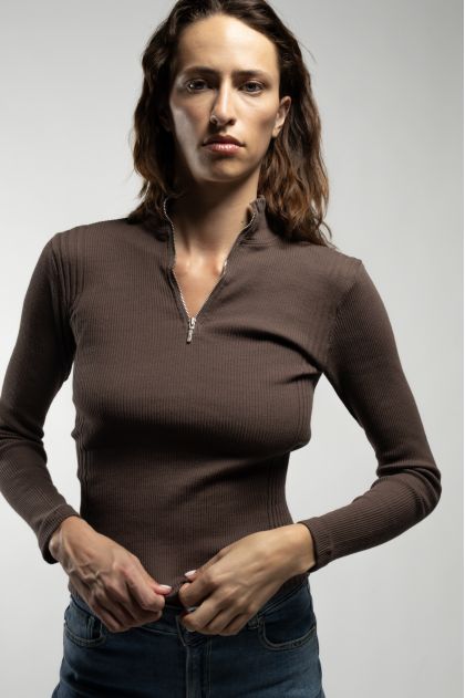 Tee shirt manches longues en maille Richelieu côtelée 100% coton