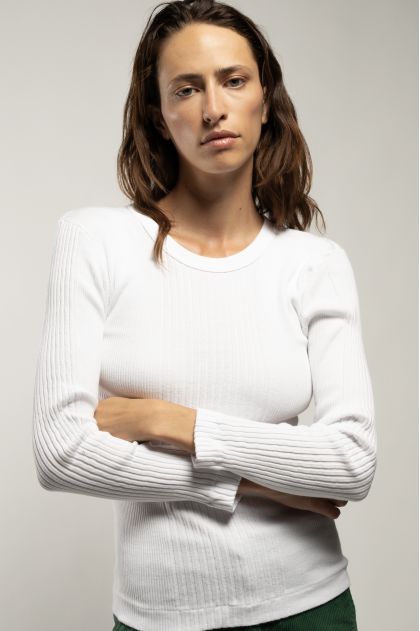 Long-sleeved t-shirt in ribbed Richelieu knit, 100% cotton