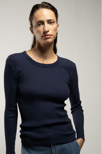 Long-sleeved t-shirt in ribbed Richelieu knit, 100% cotton