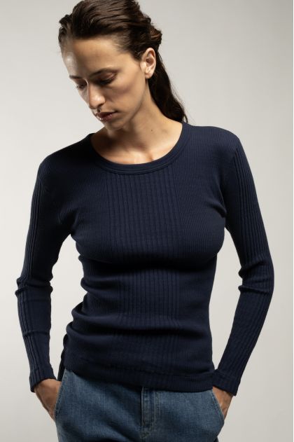 Long-sleeved t-shirt in ribbed Richelieu knit, 100% cotton