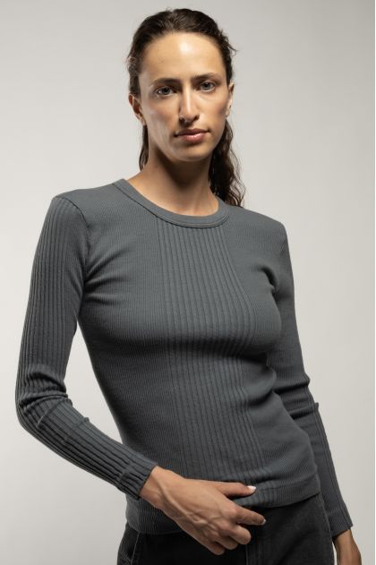Long-sleeved t-shirt in ribbed Richelieu knit, 100% cotton