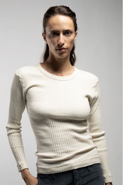 Long-sleeved t-shirt in ribbed Richelieu knit, 100% cotton