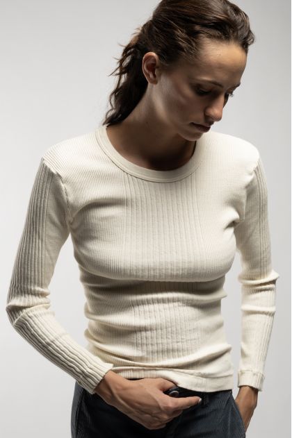 Long-sleeved t-shirt in ribbed Richelieu knit, 100% cotton