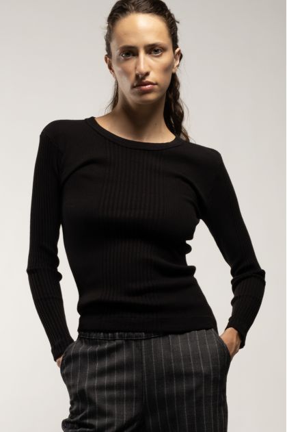 Long-sleeved t-shirt in ribbed Richelieu knit, 100% cotton