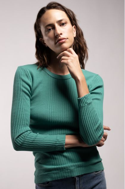Long-sleeved t-shirt in ribbed Richelieu knit, 100% cotton