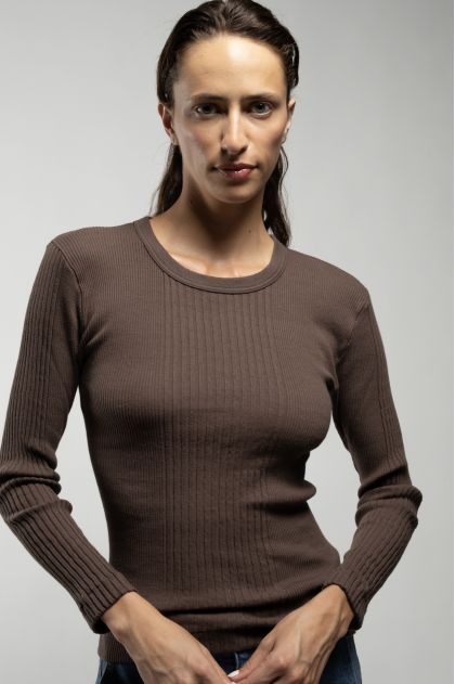 Long-sleeved t-shirt in ribbed Richelieu knit, 100% cotton