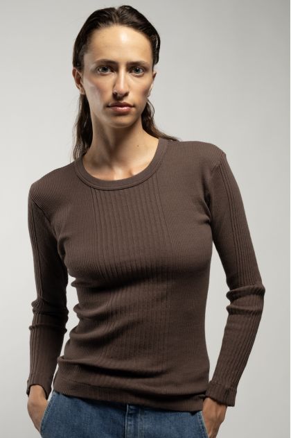 Long-sleeved t-shirt in ribbed Richelieu knit, 100% cotton