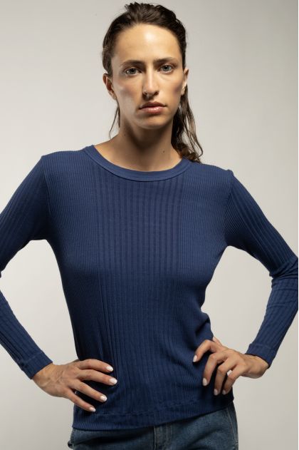 Tee-shirt manches longues en maille Richelieu côtelée 85 % viscose et 15 % soie
