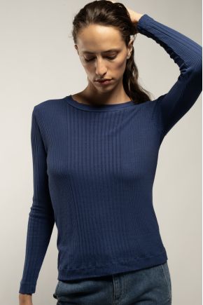 Long-sleeved T-shirt in ribbed Richelieu knit 85% viscose, 15% silk