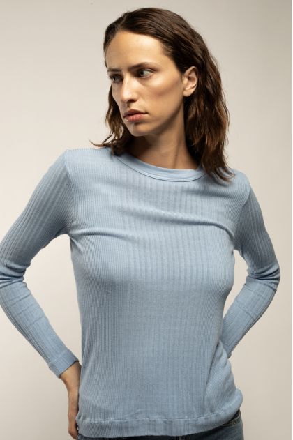 Long-sleeved T-shirt in ribbed Richelieu knit 85% viscose, 15% silk