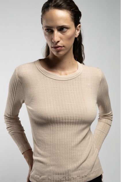 Tee-shirt manches longues en maille Richelieu côtelée 85 % viscose et 15 % soie
