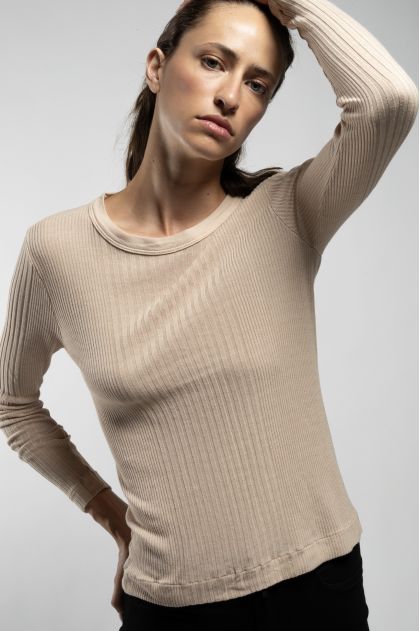 Long-sleeved T-shirt in ribbed Richelieu knit 85% viscose, 15% silk