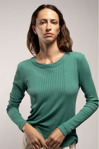 Long-sleeved T-shirt in ribbed Richelieu knit 85% viscose, 15% silk
