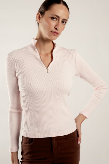 Long-sleeved t-shirt in ribbed Richelieu knit, 100% cotton