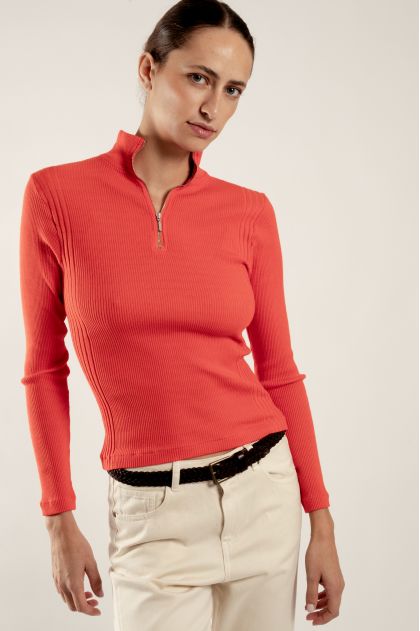 Long-sleeved t-shirt in ribbed Richelieu knit, 100% cotton