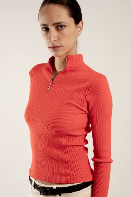 Long-sleeved t-shirt in ribbed Richelieu knit, 100% cotton