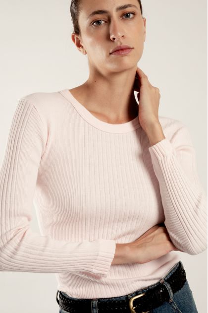 Long-sleeved t-shirt in ribbed Richelieu knit, 100% cotton