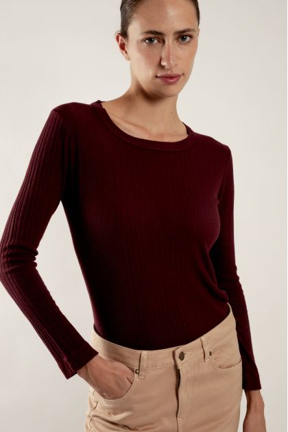 Tee-shirt manches longues en maille Richelieu côtelée 85 % viscose et 15 % soie